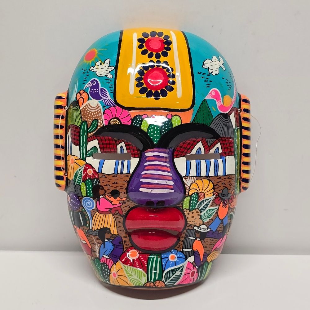 MEXICAN TERRACOTTA TALAVERA ISIDORO MASK HANDPAINTED FOLK ART WALL HANGING